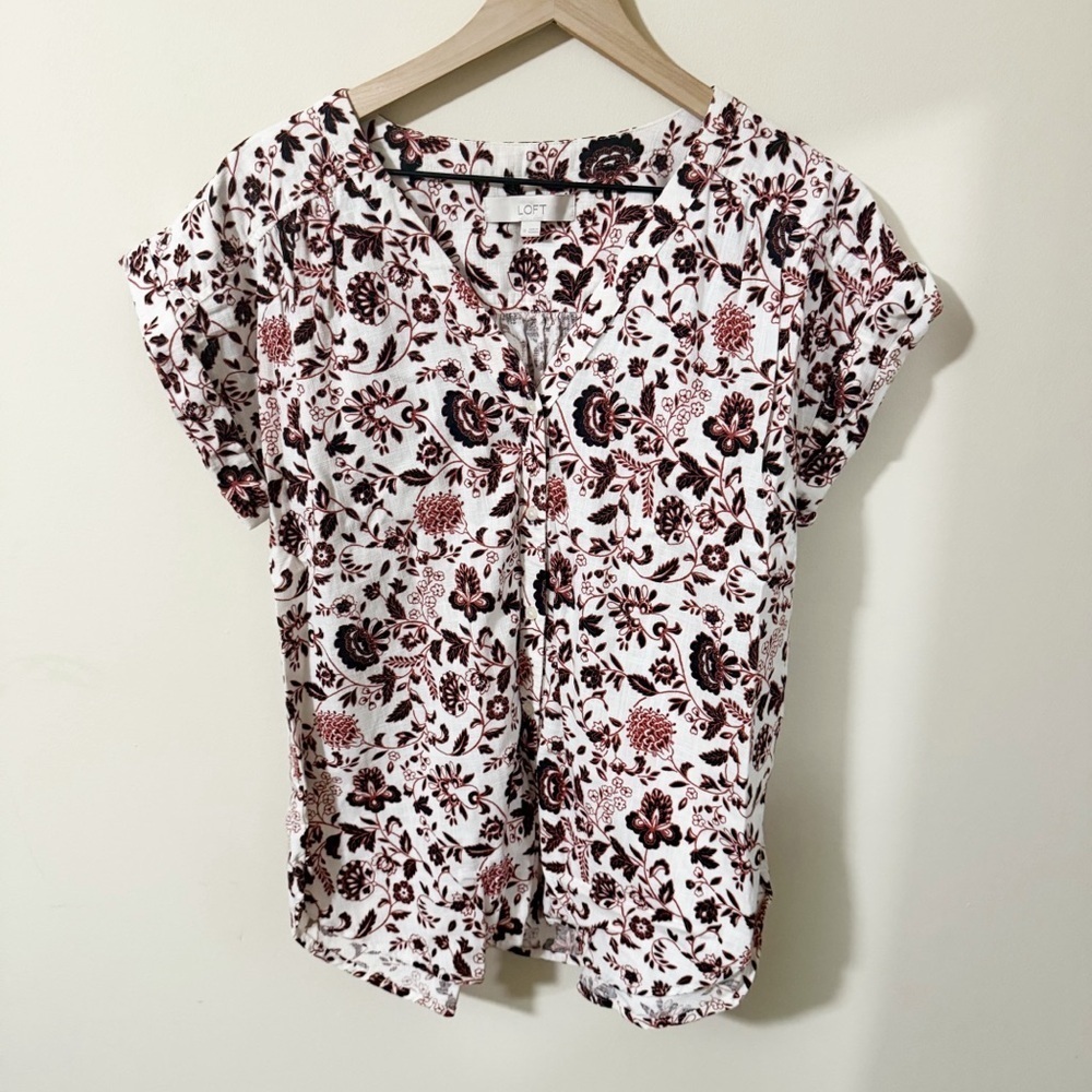 Loft Womens Floral Short Sleeve Linen Blend Shirt Size Medium Vacation Summer